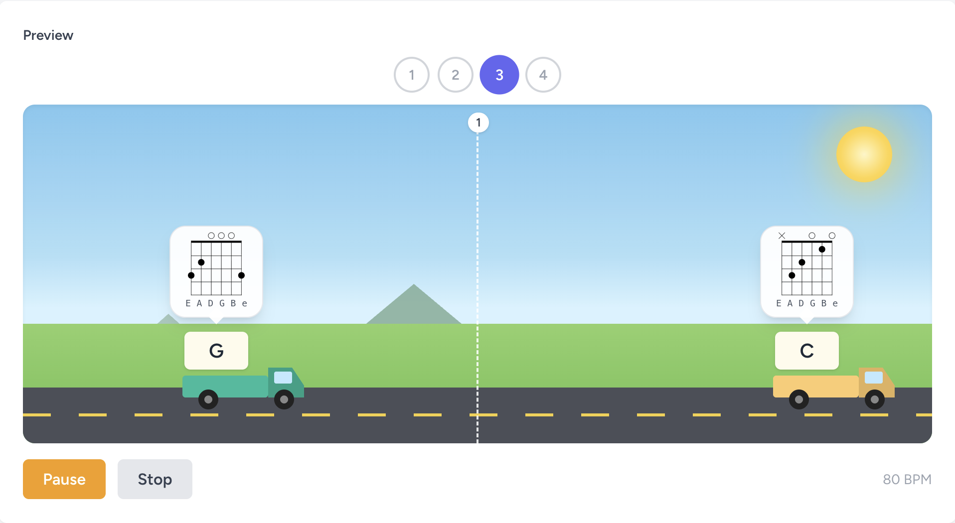 Chords Practice Game preview: trucks carrying G and C chords driving along a highway toward a centre beat line, with chord diagrams above each truck and an 80 BPM tempo