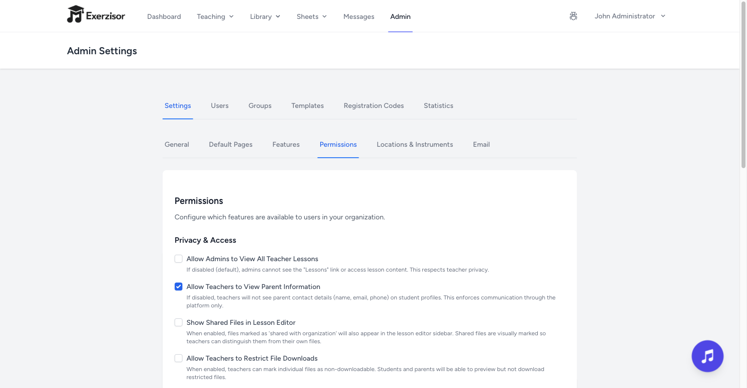 Course Creation Permission Toggle — screenshot
