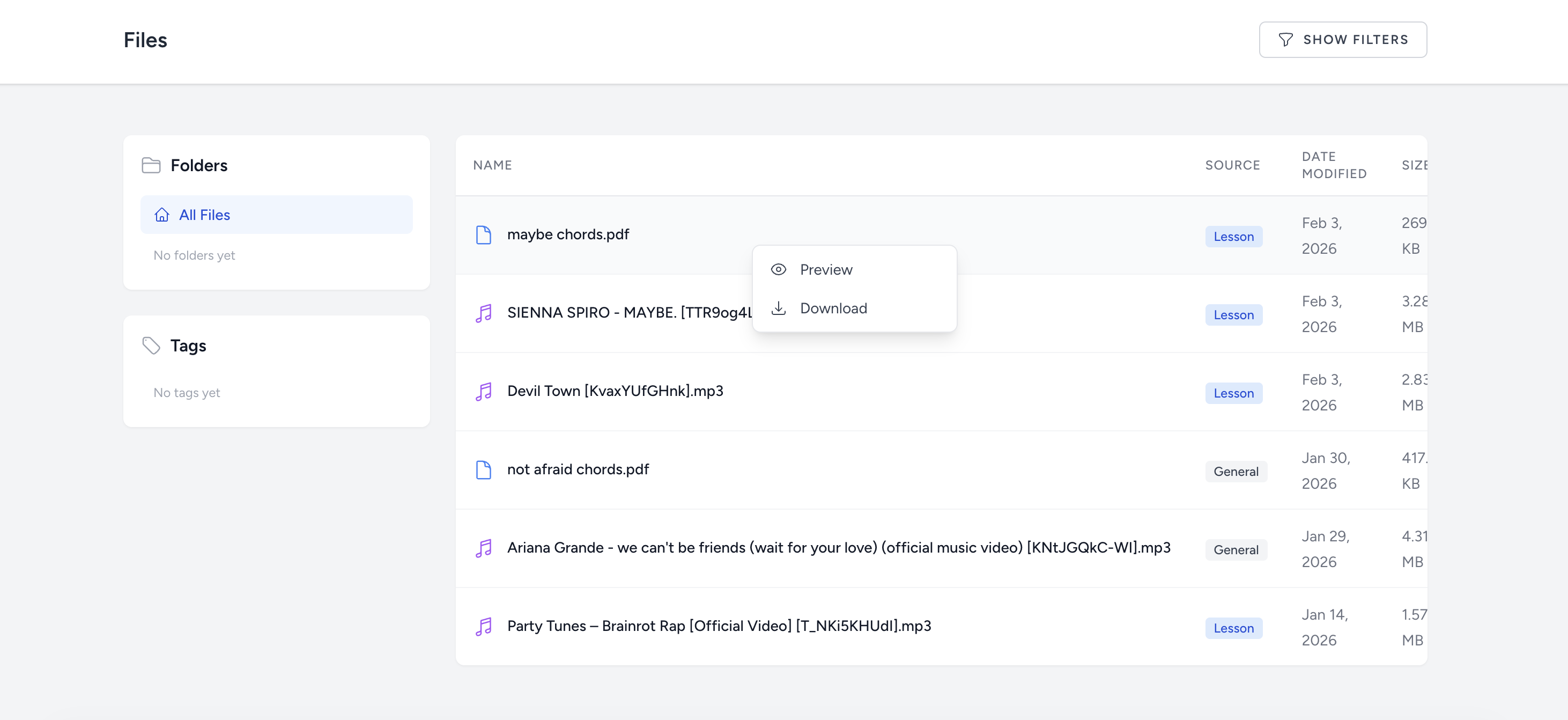 Files page with sortable table columns, context menu, and filter chips