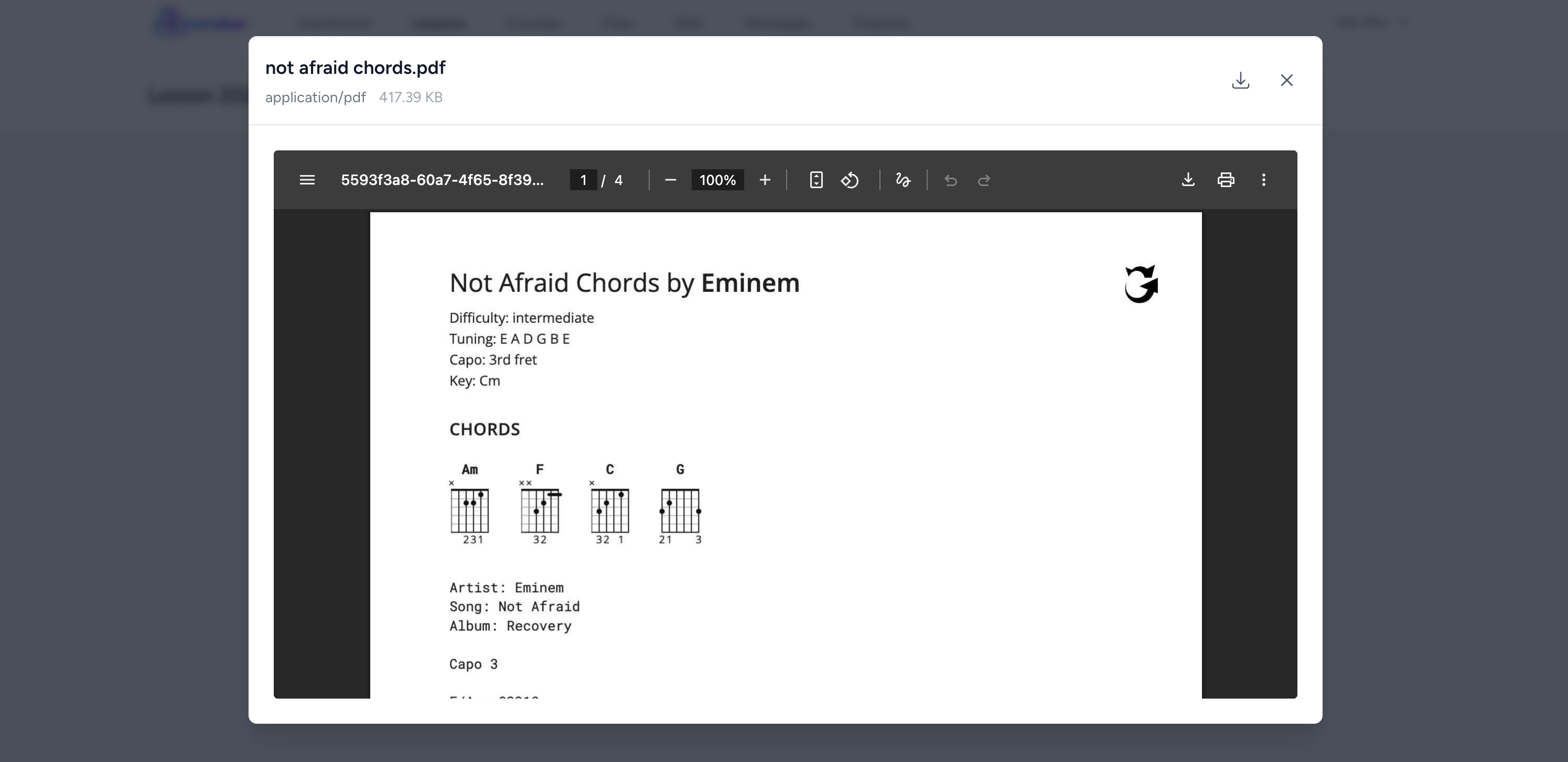 Inline file preview showing a PDF document viewer inside the lesson view