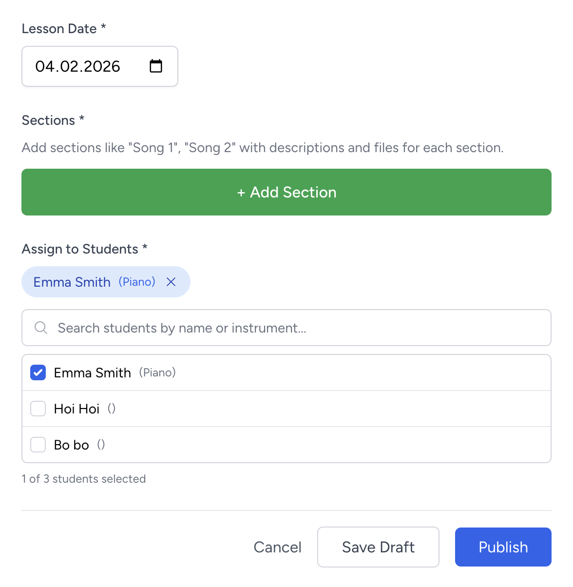 Lesson create form showing Save Draft and Publish buttons