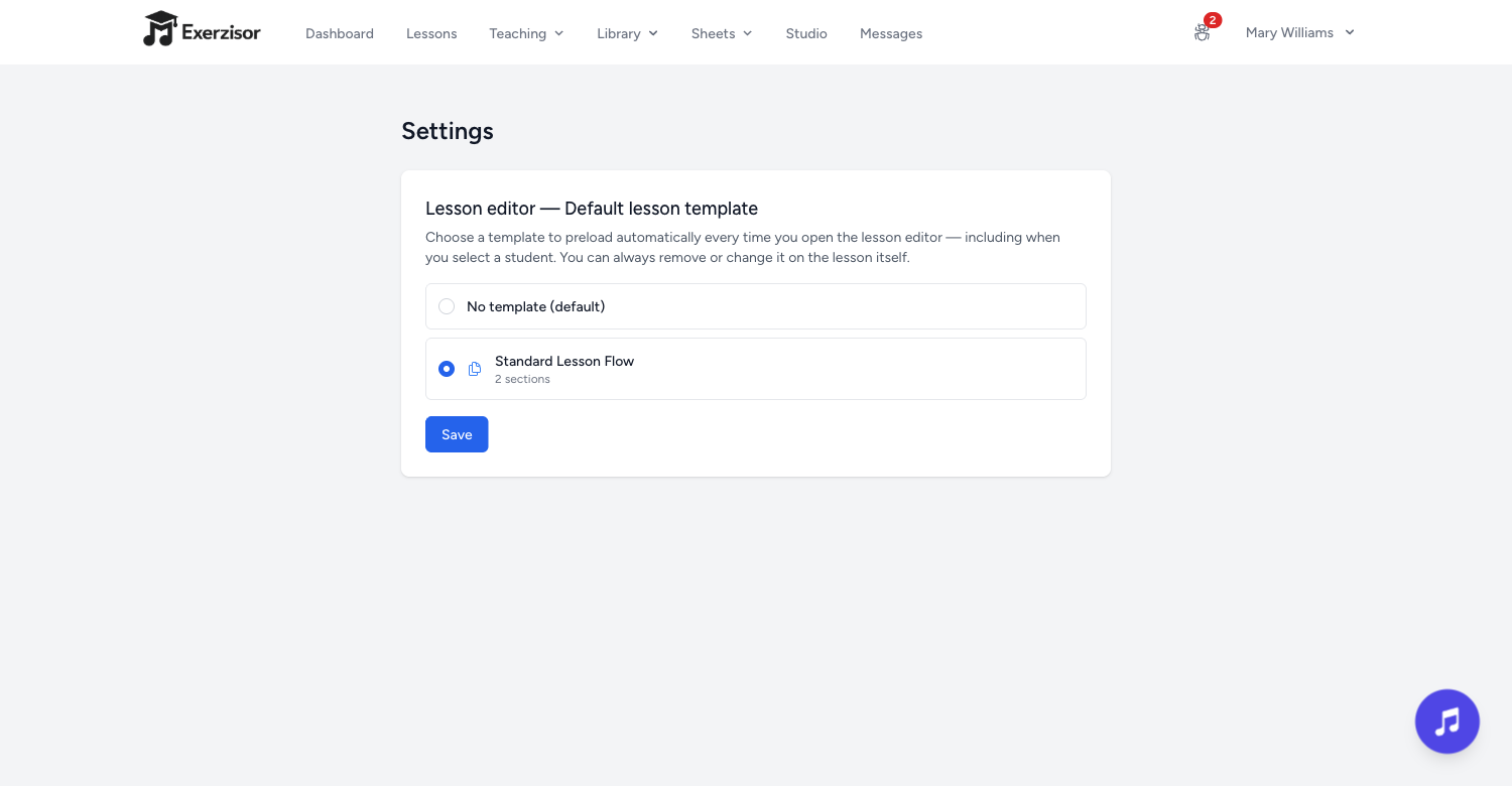 New Settings Page: Pick Your Standard Lesson Template — screenshot