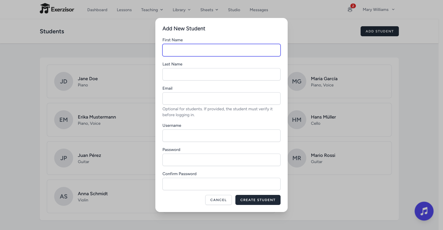 Optional Email for Student Accounts — screenshot