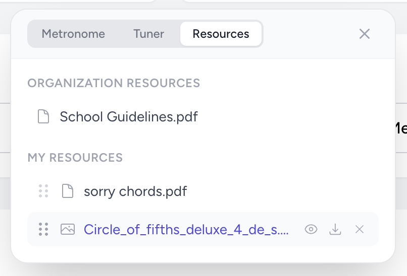 Music Toolbox Resources panel showing organization and personal pinned files
