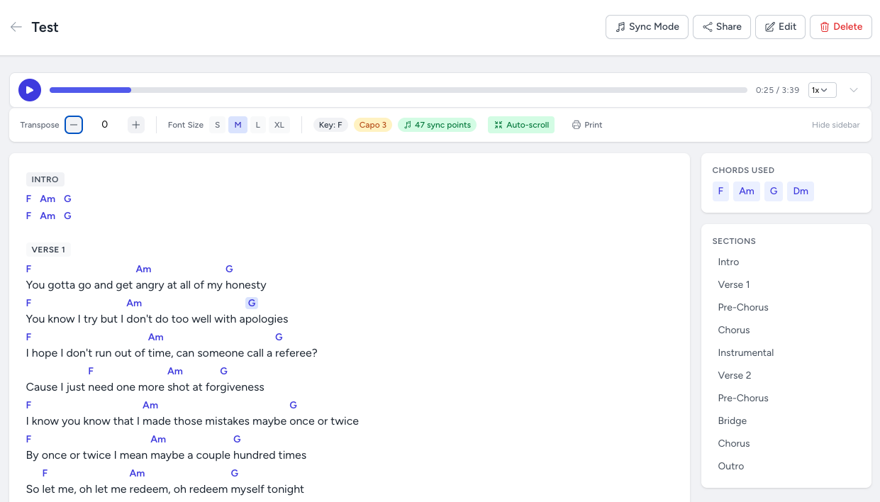 Chord sheet showing lyrics with inline chord markers, audio player, and sections sidebar