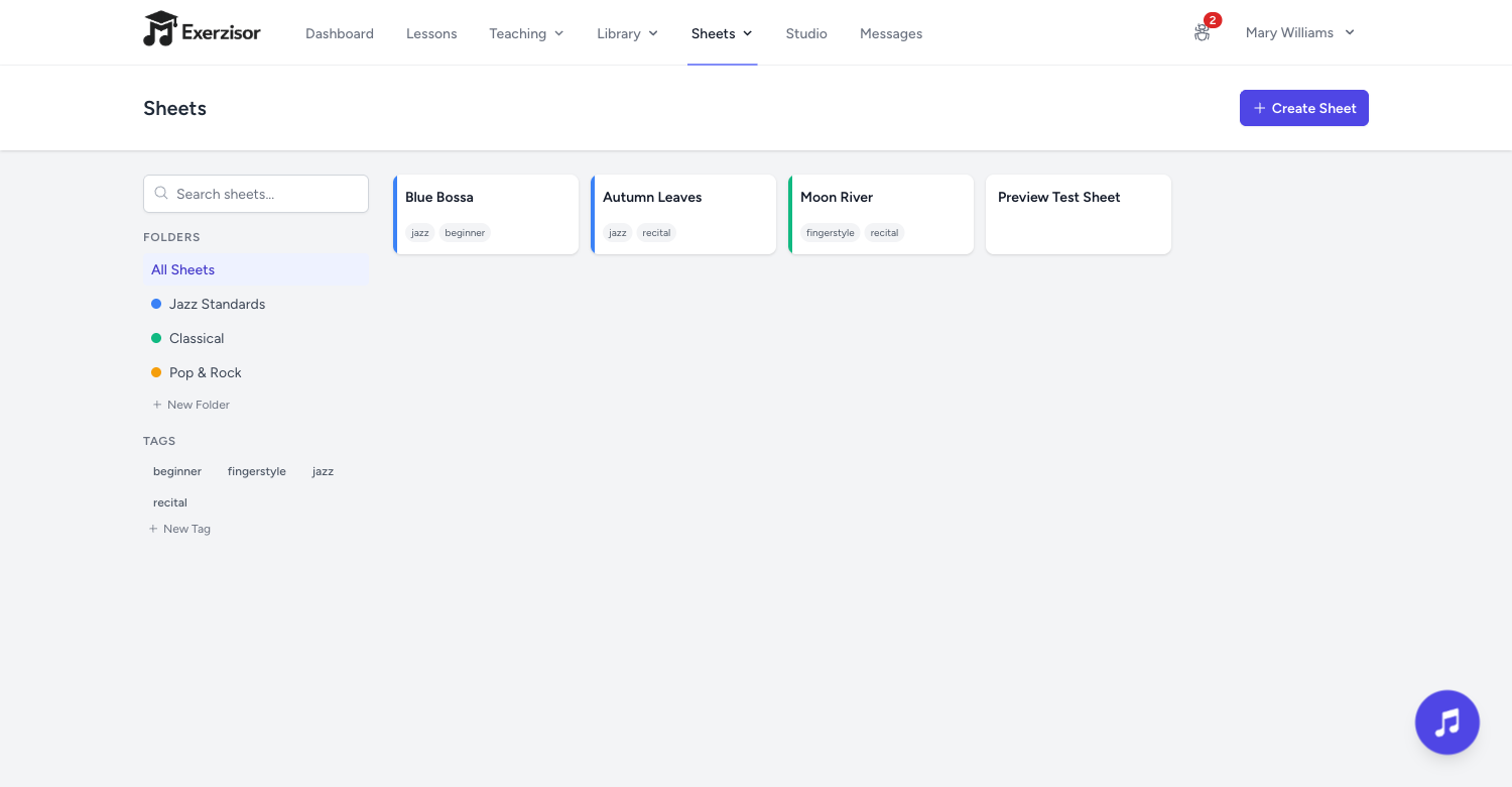 Sheets Folders, Tags & Search — screenshot