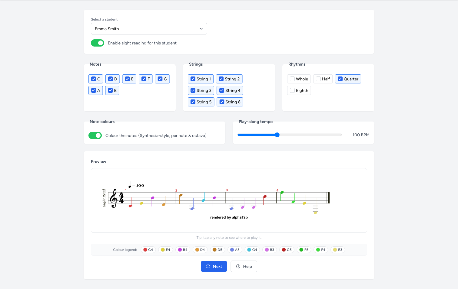 Sight Reading teacher configuration with note, string, and rhythm options, play-along tempo, and a colour-coded notation preview
