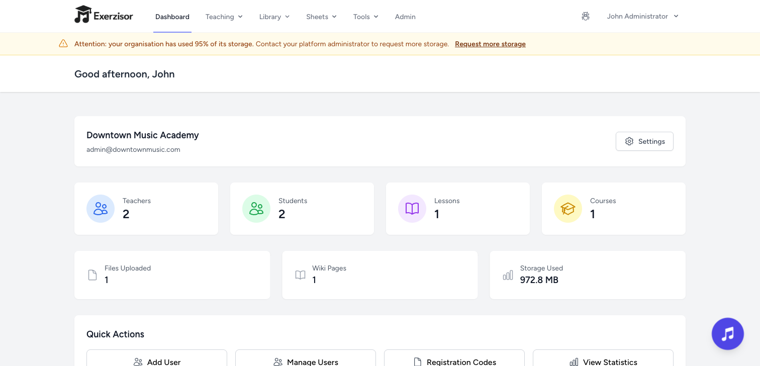 Admin dashboard showing a storage warning banner at 95 percent of the organisation's allowance