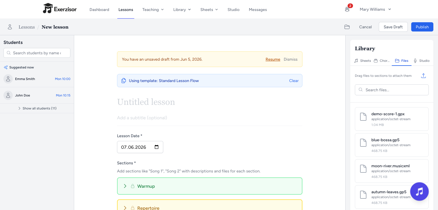 Lesson editor with the new Suggested now section in the Students sidebar: Emma Smith (Mon 10:00) and John Doe (Mon 10:15) listed with their usual time slots, the full student list collapsed behind a Show all students button