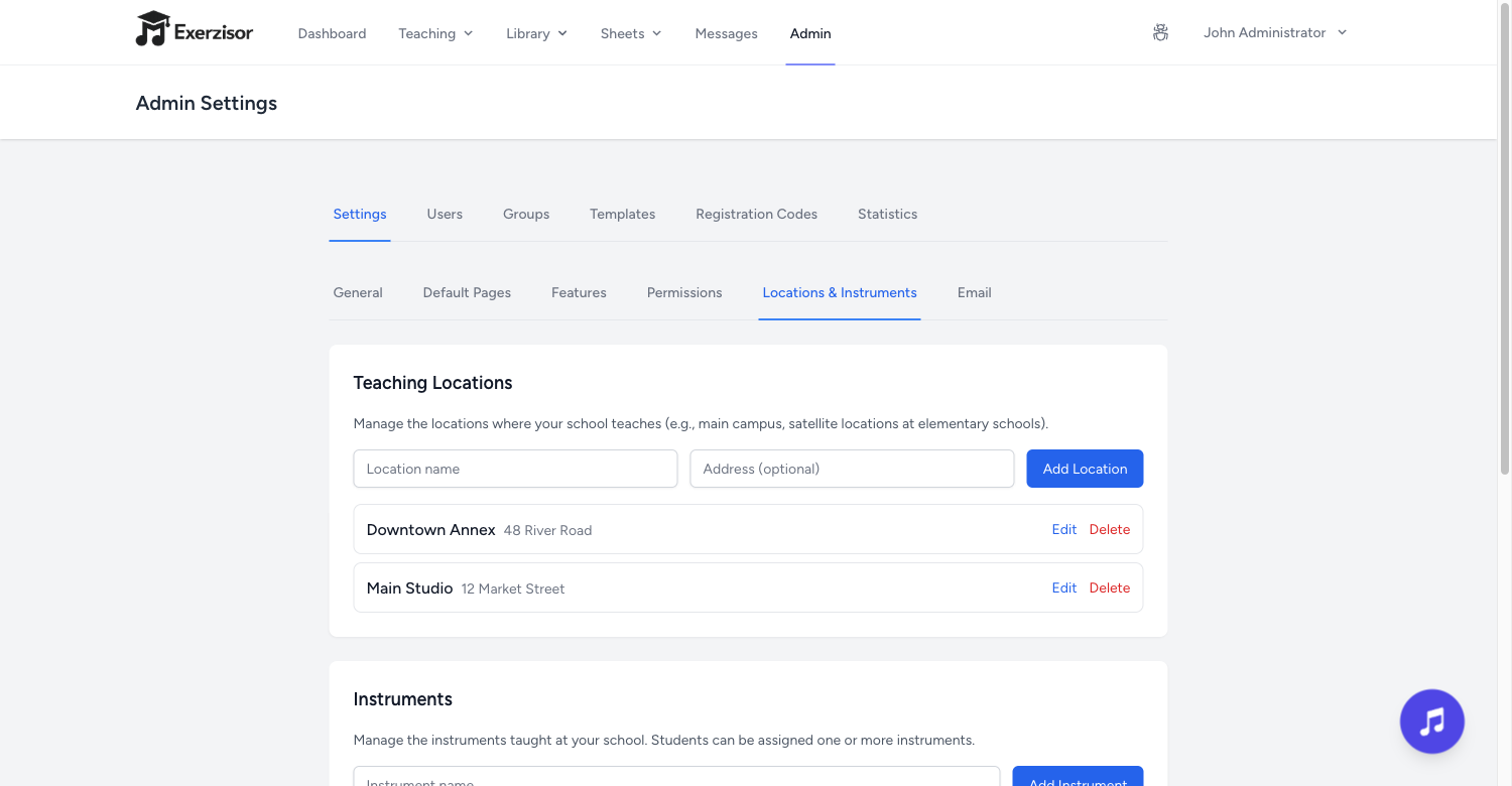 Teaching Locations & Instruments — screenshot