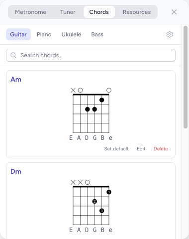 Music Toolbox Chords tab with guitar, piano, ukulele, and bass instrument filters, search, and chord diagram management