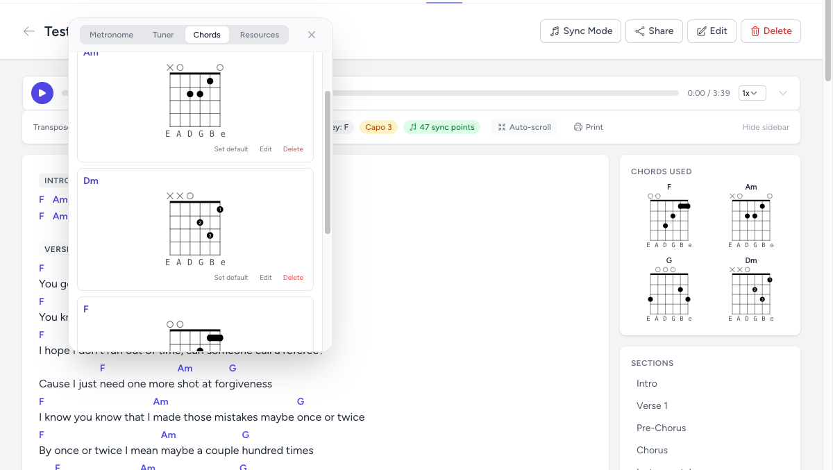 Chord sheet page with lyrics, audio player, and Music Toolbox showing the Chords tab with guitar diagrams