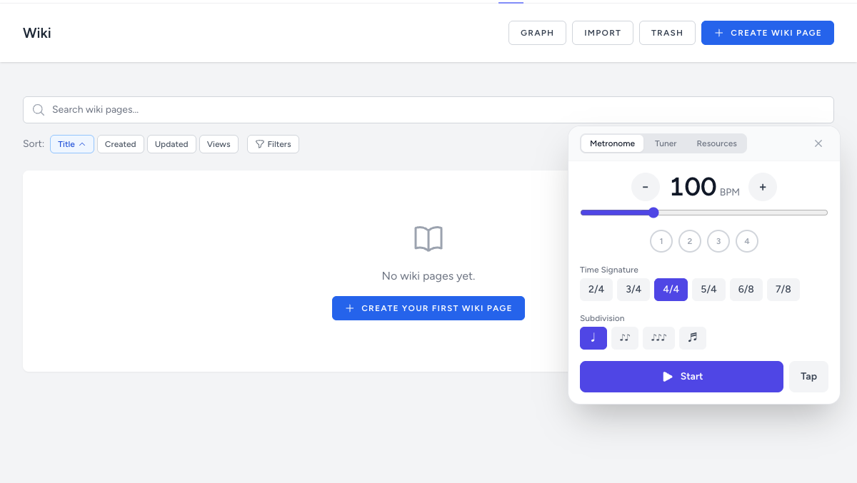 Music Toolbox showing metronome with BPM control, time signatures, and subdivision options